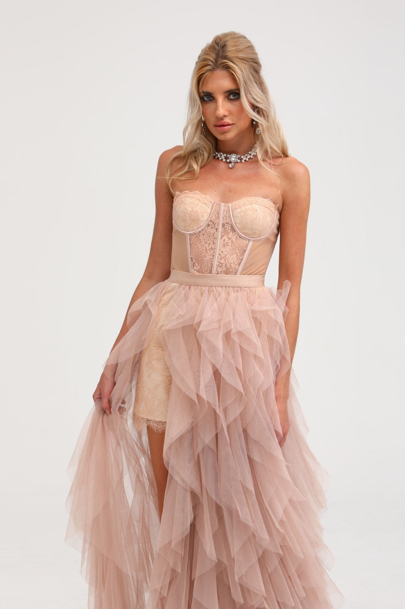 Eilís roze bustier mesh maxi jurk