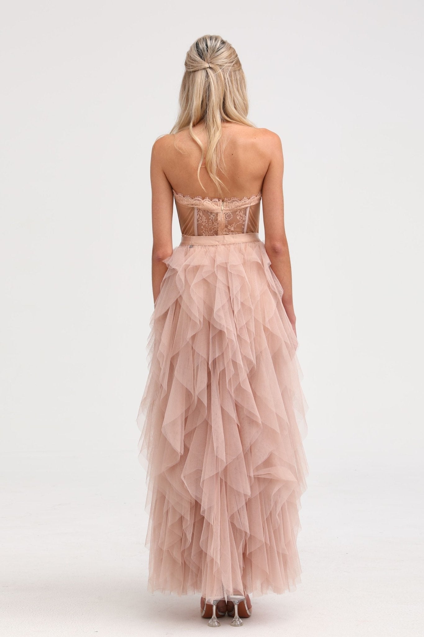 Eilís roze bustier mesh maxi jurk