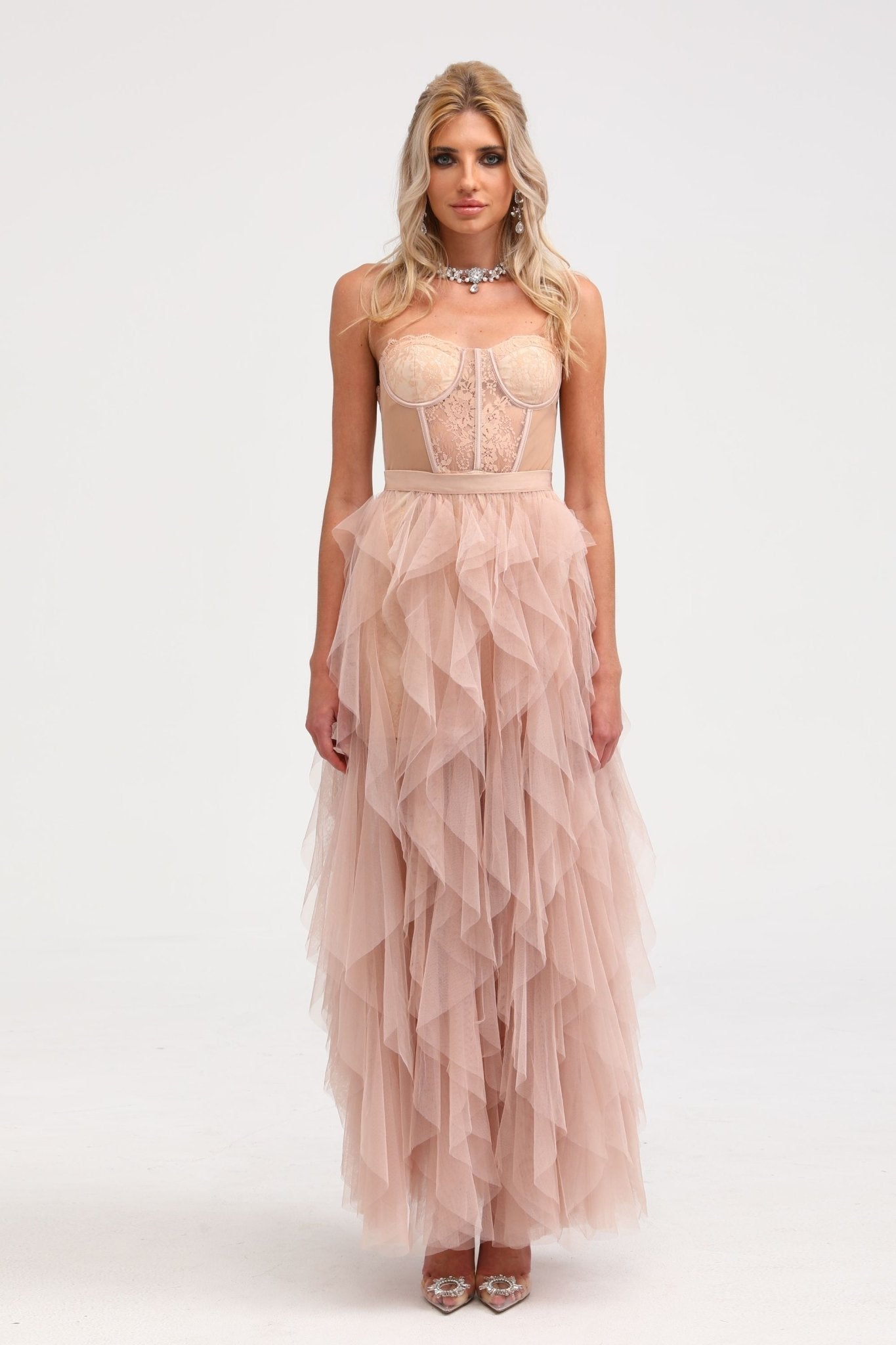 Eilís roze bustier mesh maxi jurk