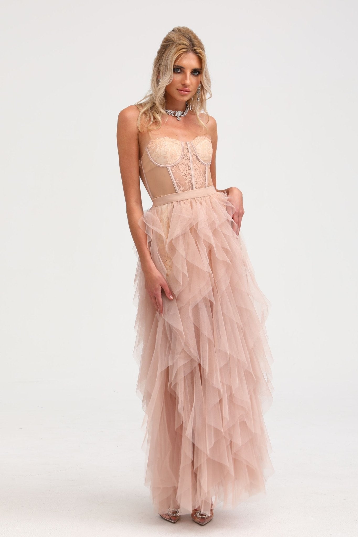 Eilís roze bustier mesh maxi jurk