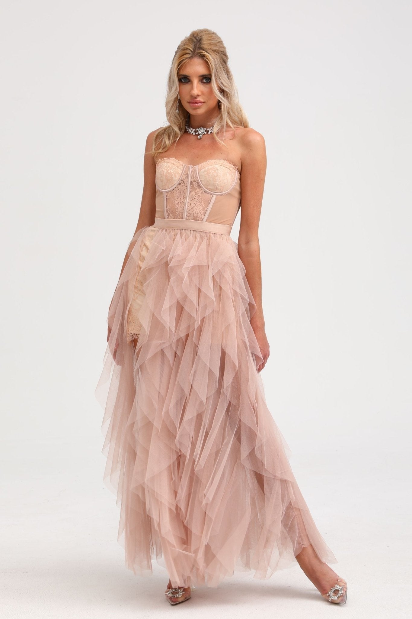 Eilís roze bustier mesh maxi jurk