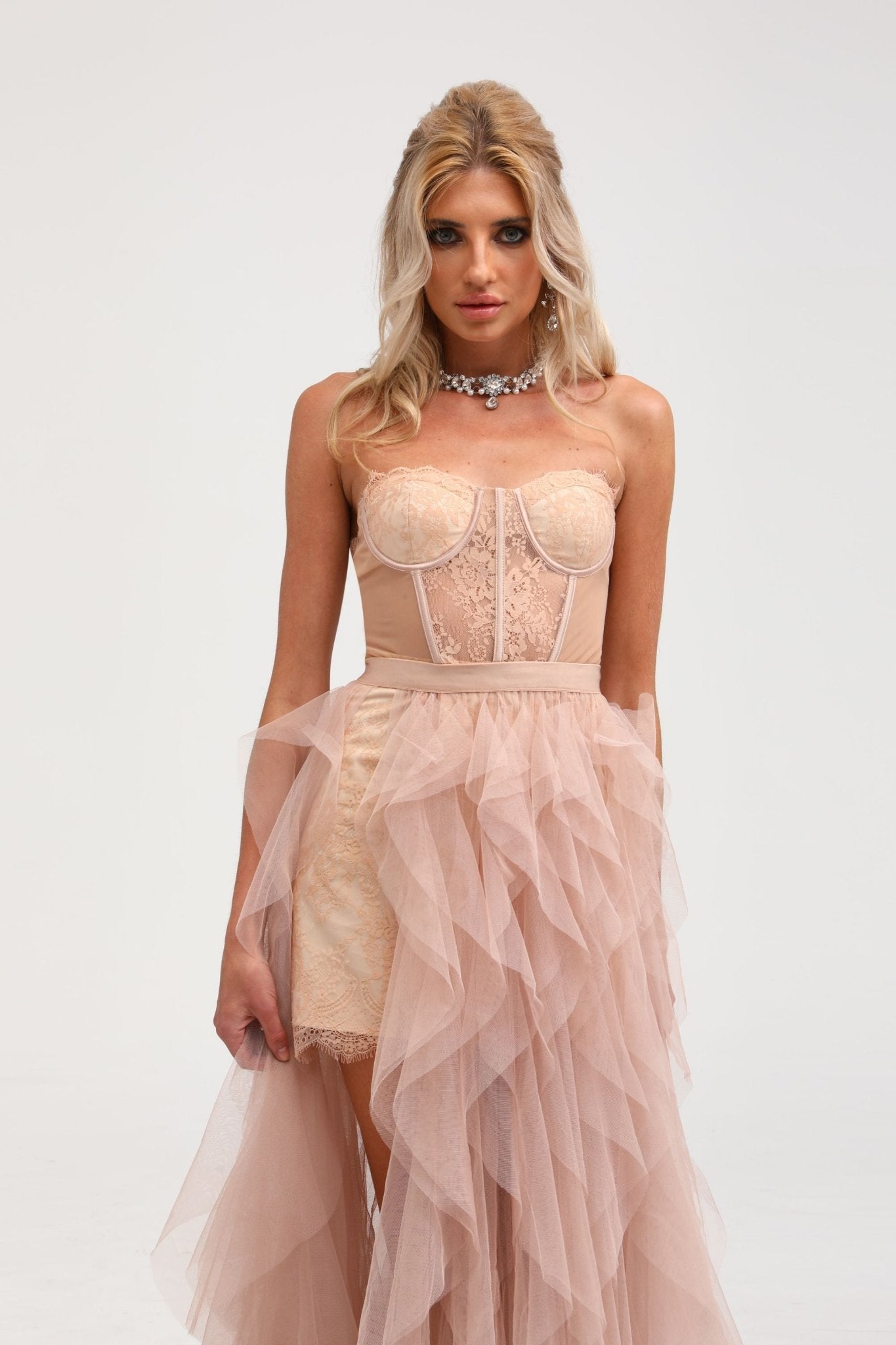 Eilís roze bustier mesh maxi jurk