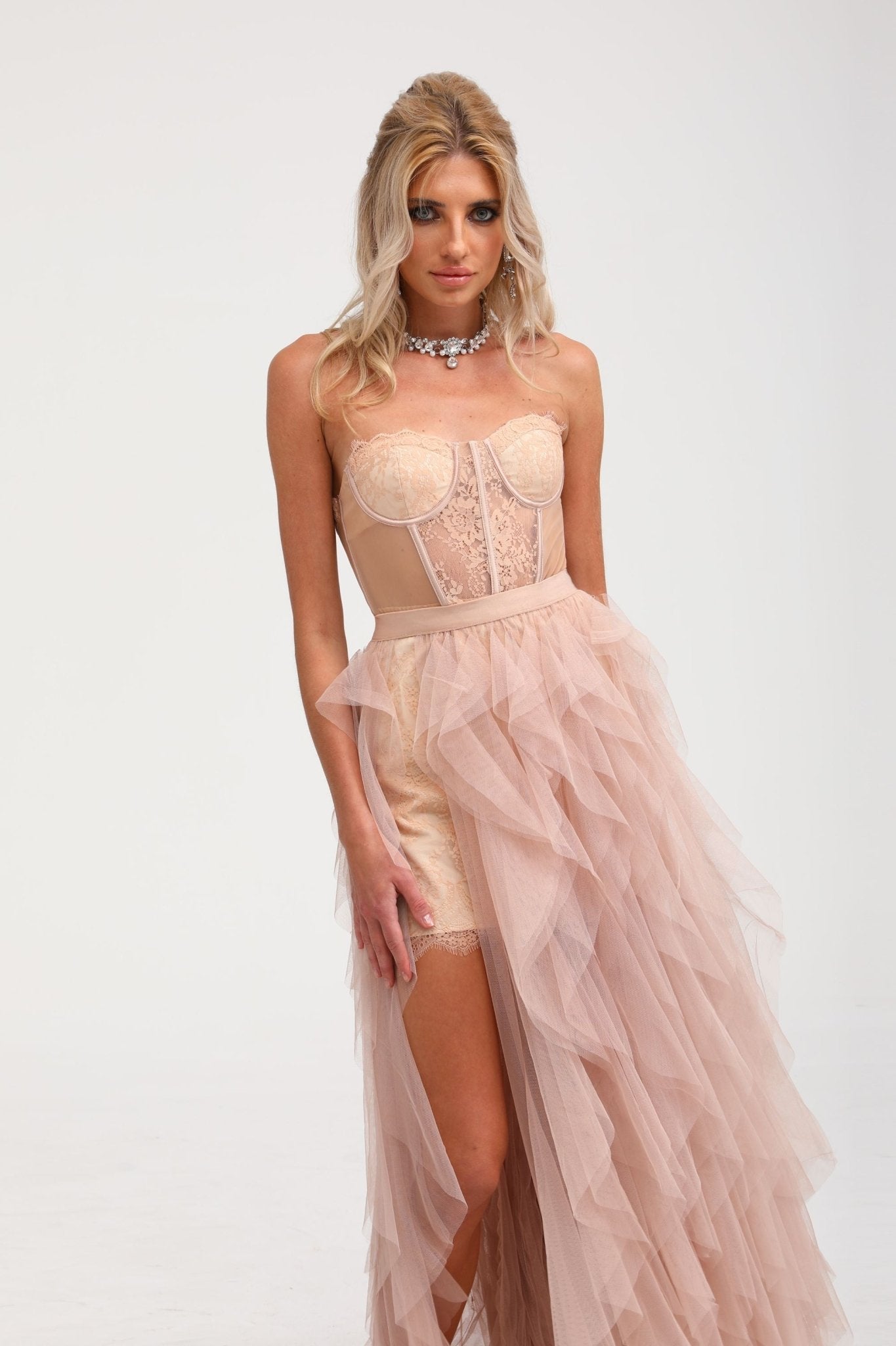 Eilís roze bustier mesh maxi jurk