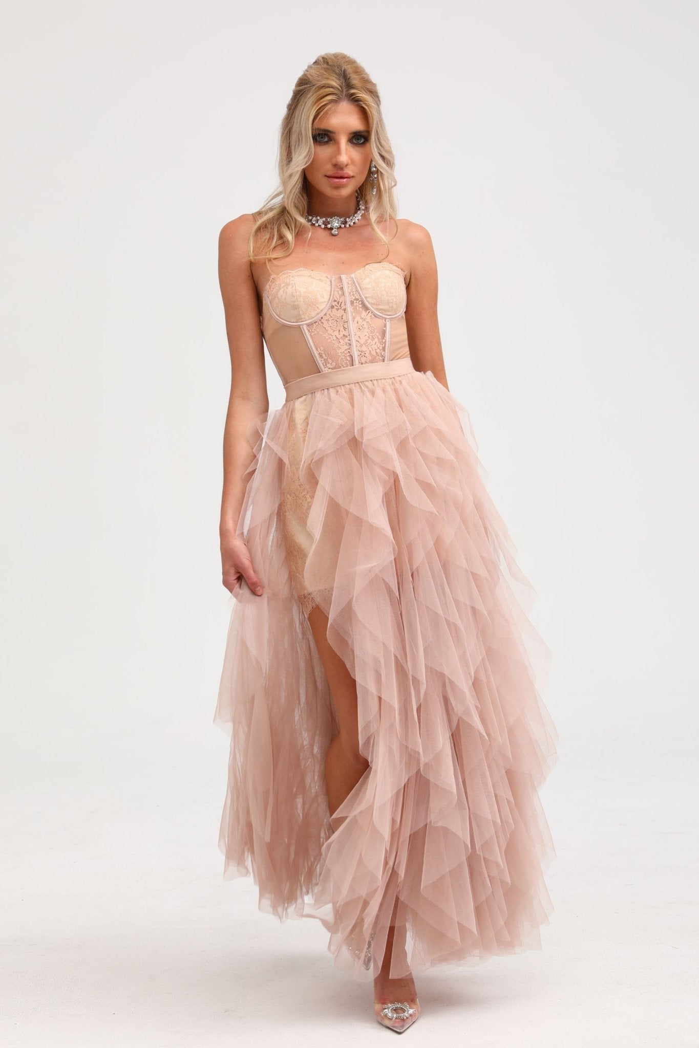 Eilís roze bustier mesh maxi jurk