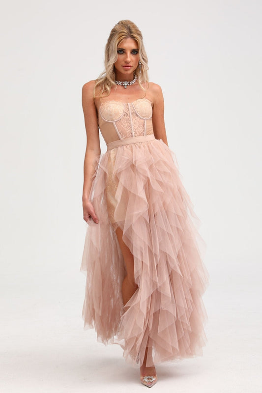 Eilís roze bustier mesh maxi jurk