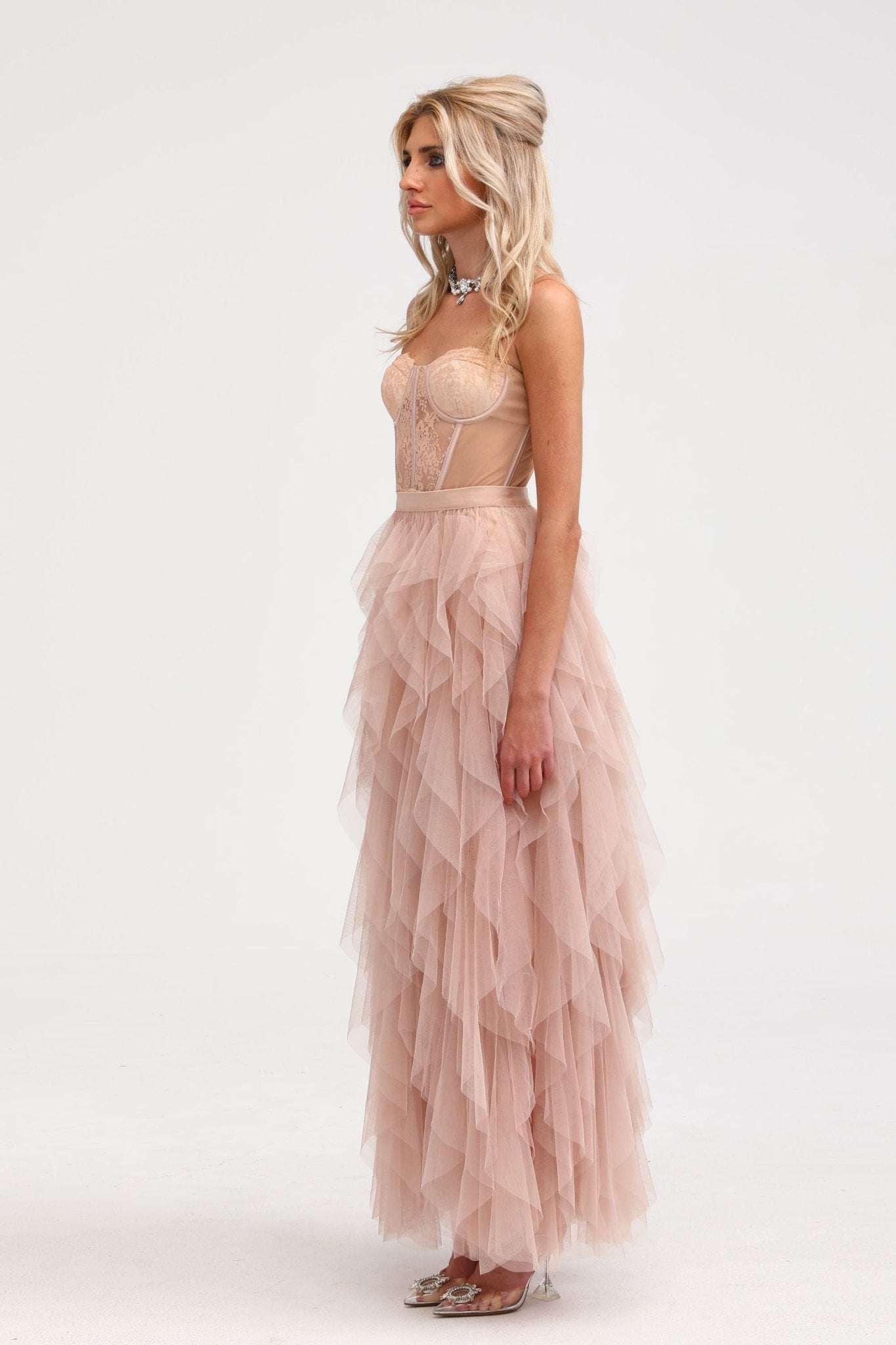 Eilís roze bustier mesh maxi jurk